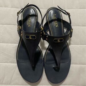 Ralph Lauren Dark Blue Leather T-Strap Sandals with Gold Accents